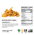 Butter soy curls snack chips shown with a Nutrition Facts label, ingredients text, and certification icons on a white background.