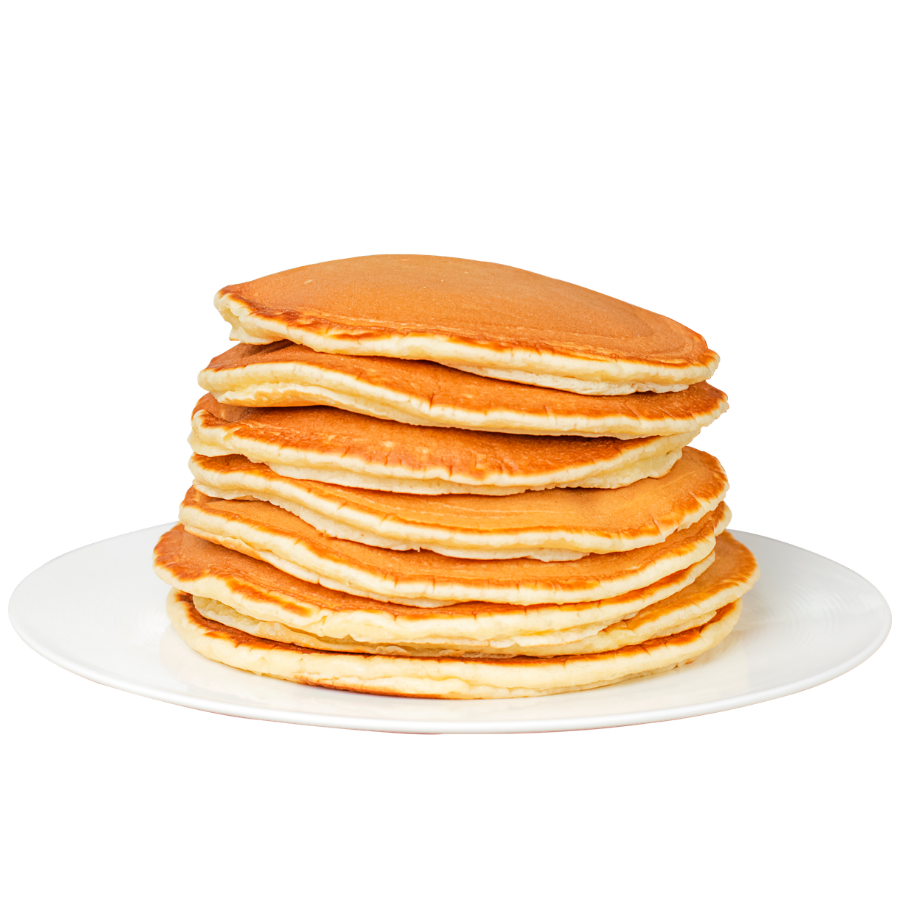 Stack of pancakes on a white plate with a white background