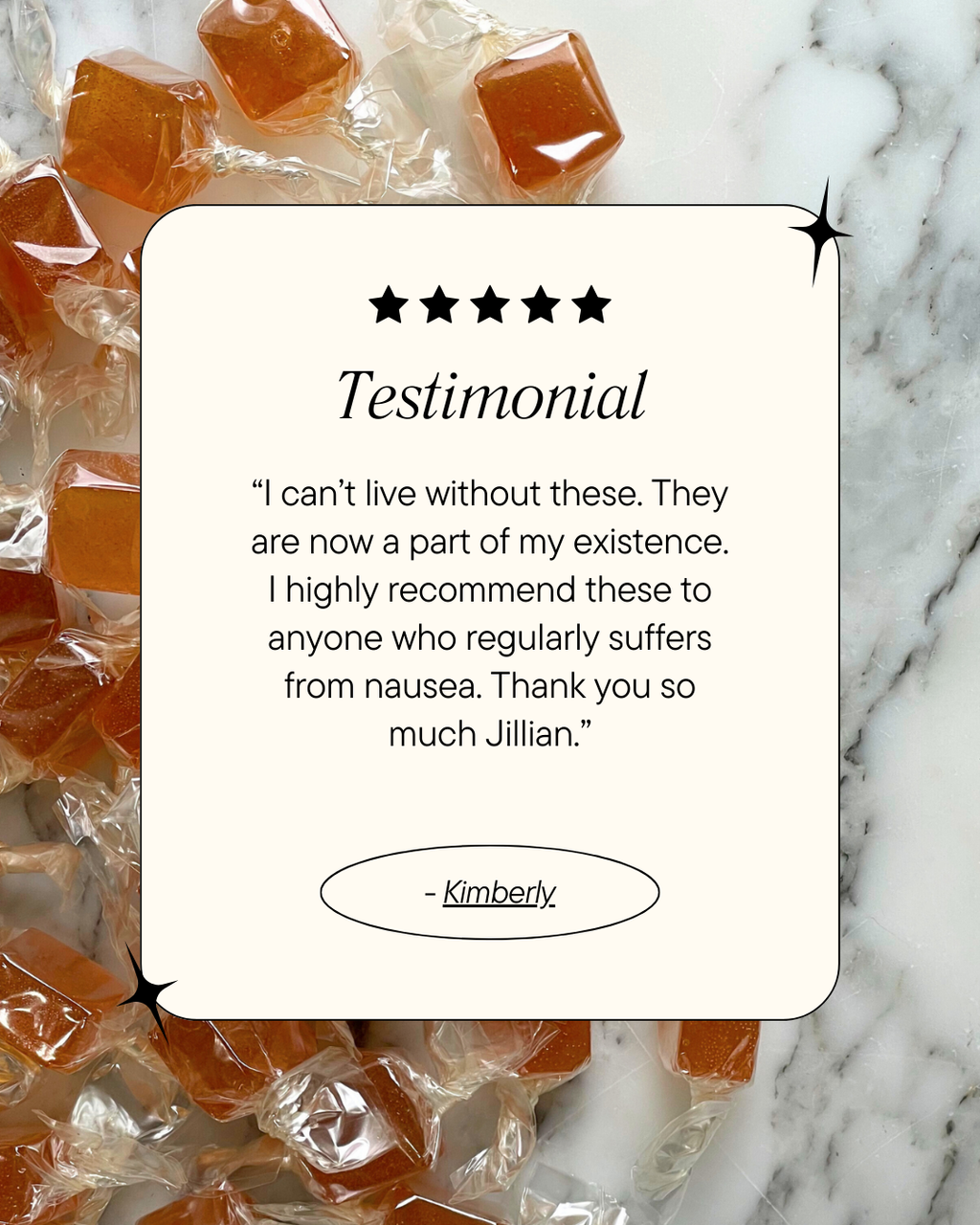 Caramel candies with a testimonial on a marble background