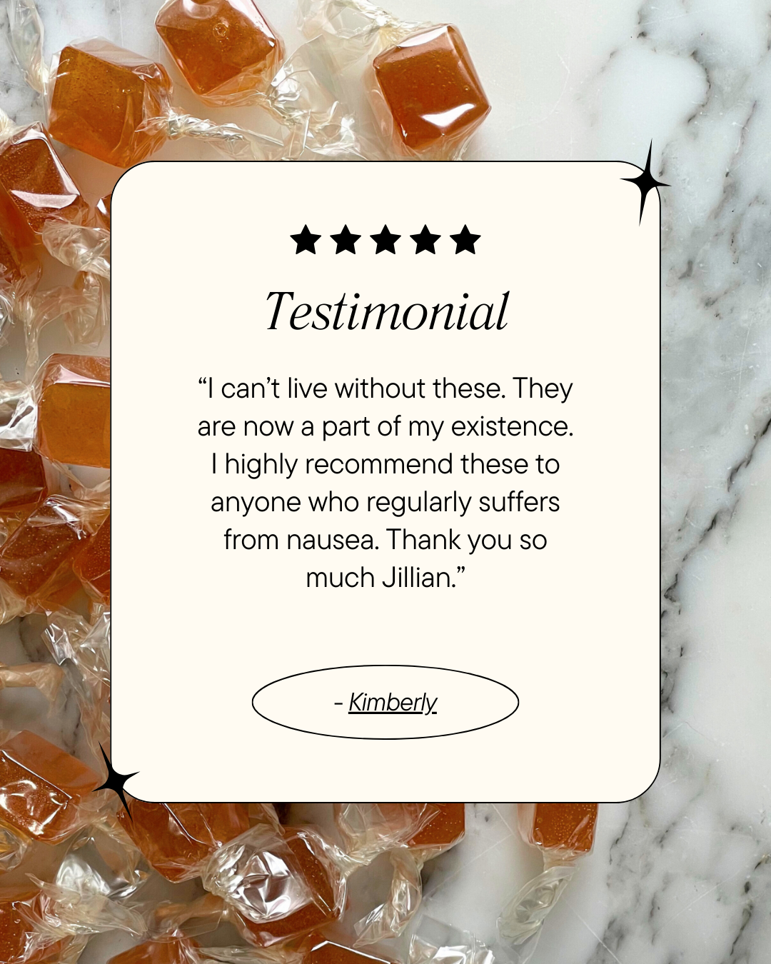 Caramel candies with a testimonial on a marble background