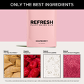 Refresh plant-based gum packaging with ingredients listed on a pink background