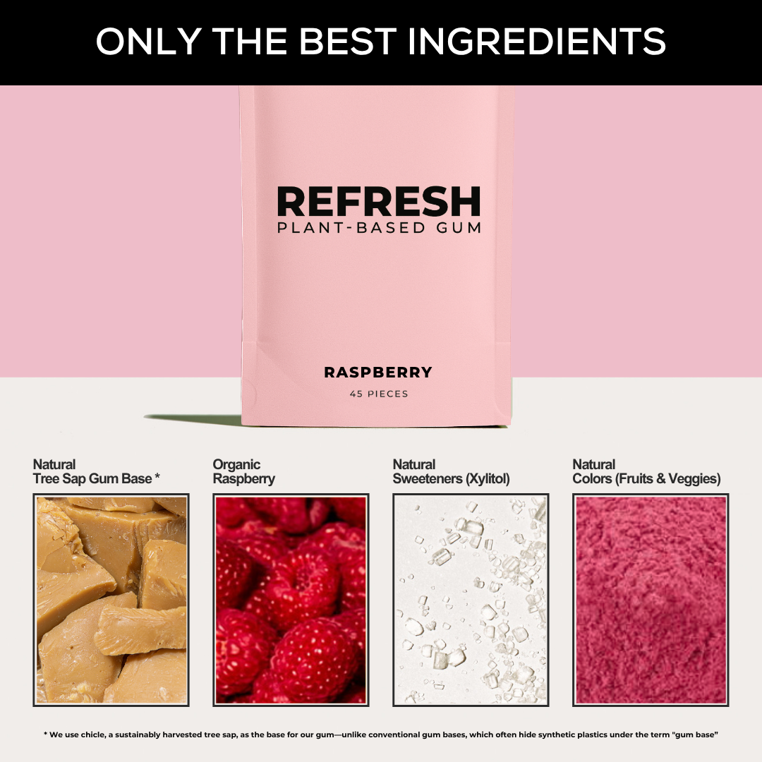 Refresh plant-based gum packaging with ingredients listed on a pink background