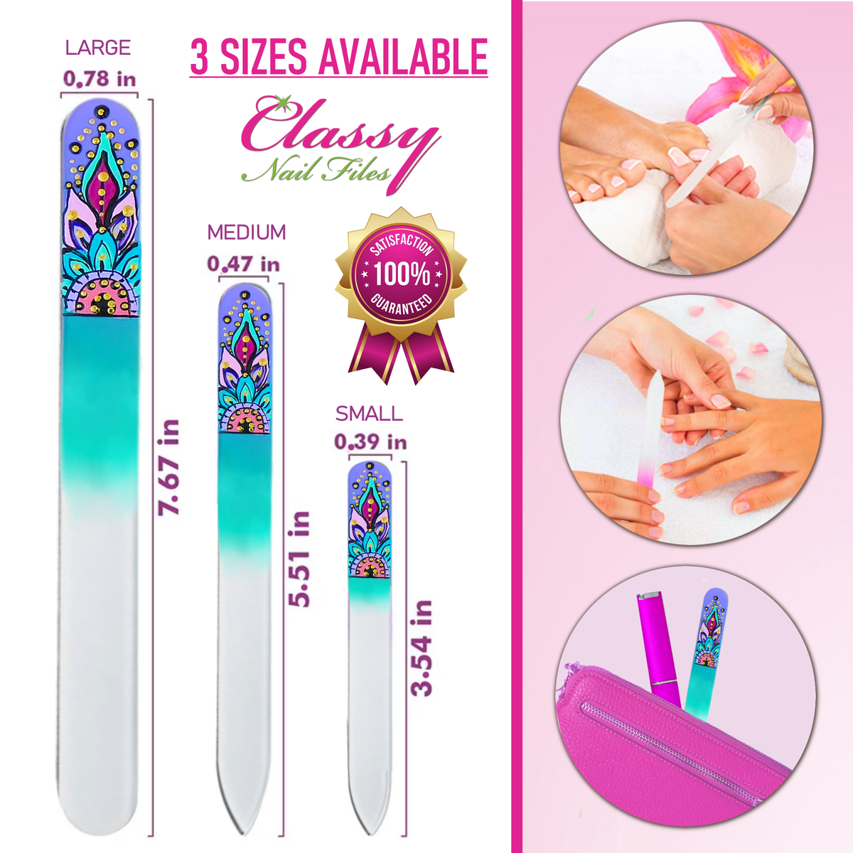 Classy nail files with size chart and usage illustrations on a pink background