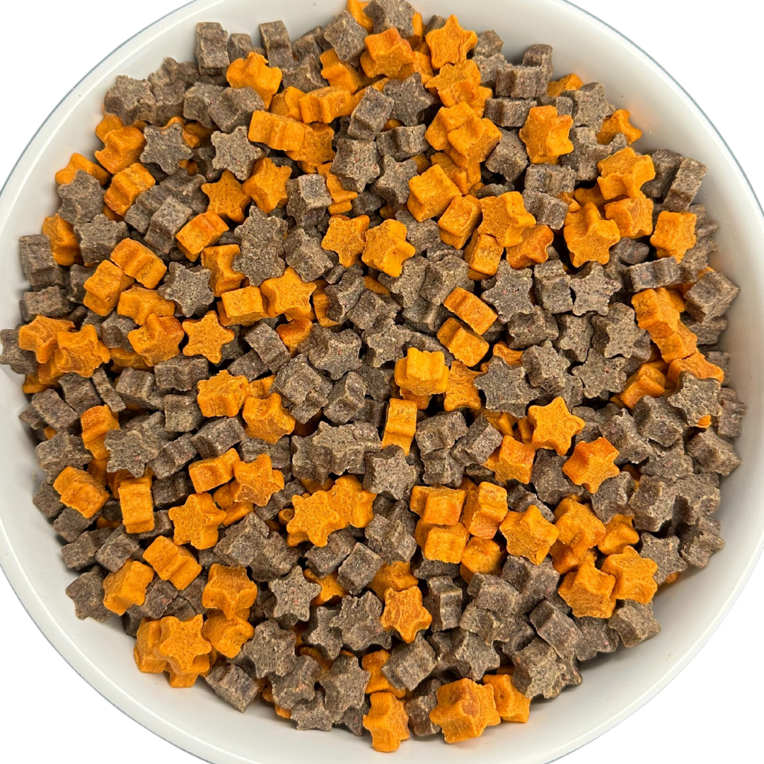 Mix of brown and orange star-shaped pet treats in a white bowl.