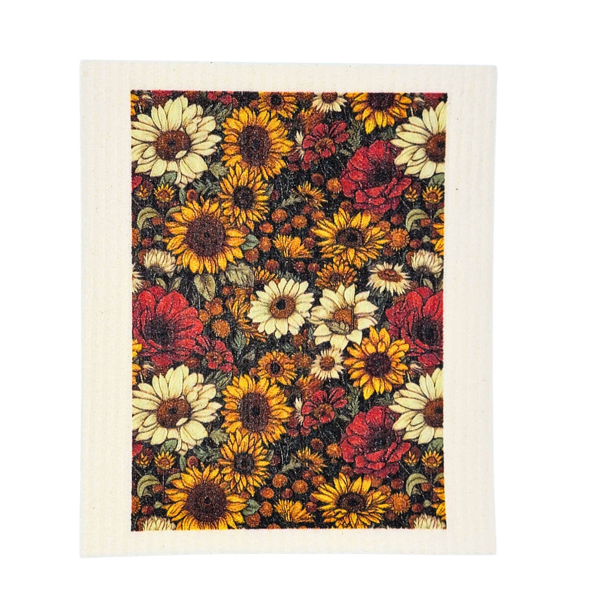A square textile product, likely a tea towel or small blanket, featuring a dense floral print of sunflowers and roses in yellow, red, cream, and orange on a dark background, finished with a wide cream border.