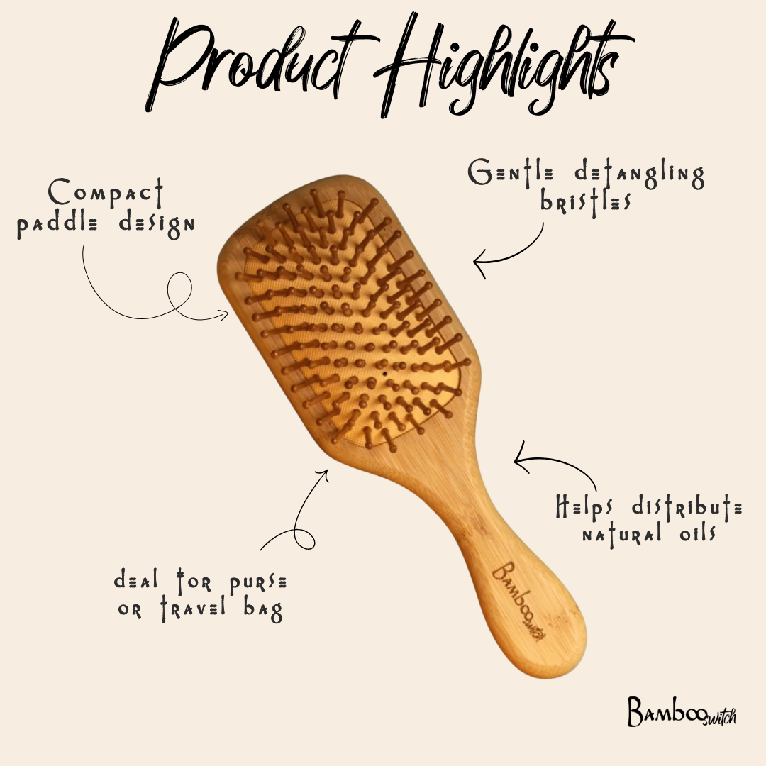 Wooden paddle brush with product highlights on a beige background