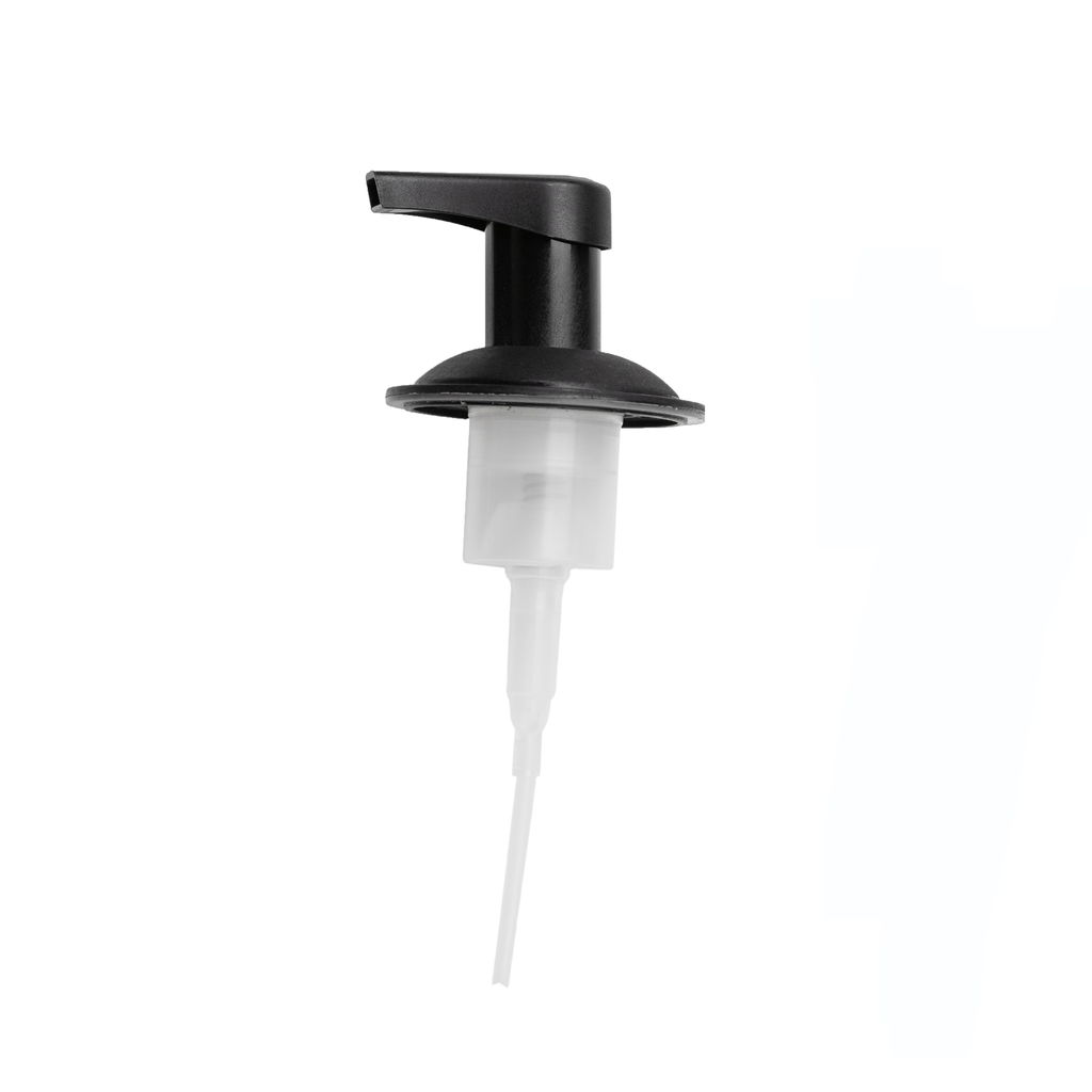 Black soap dispenser with clear pump on a white background