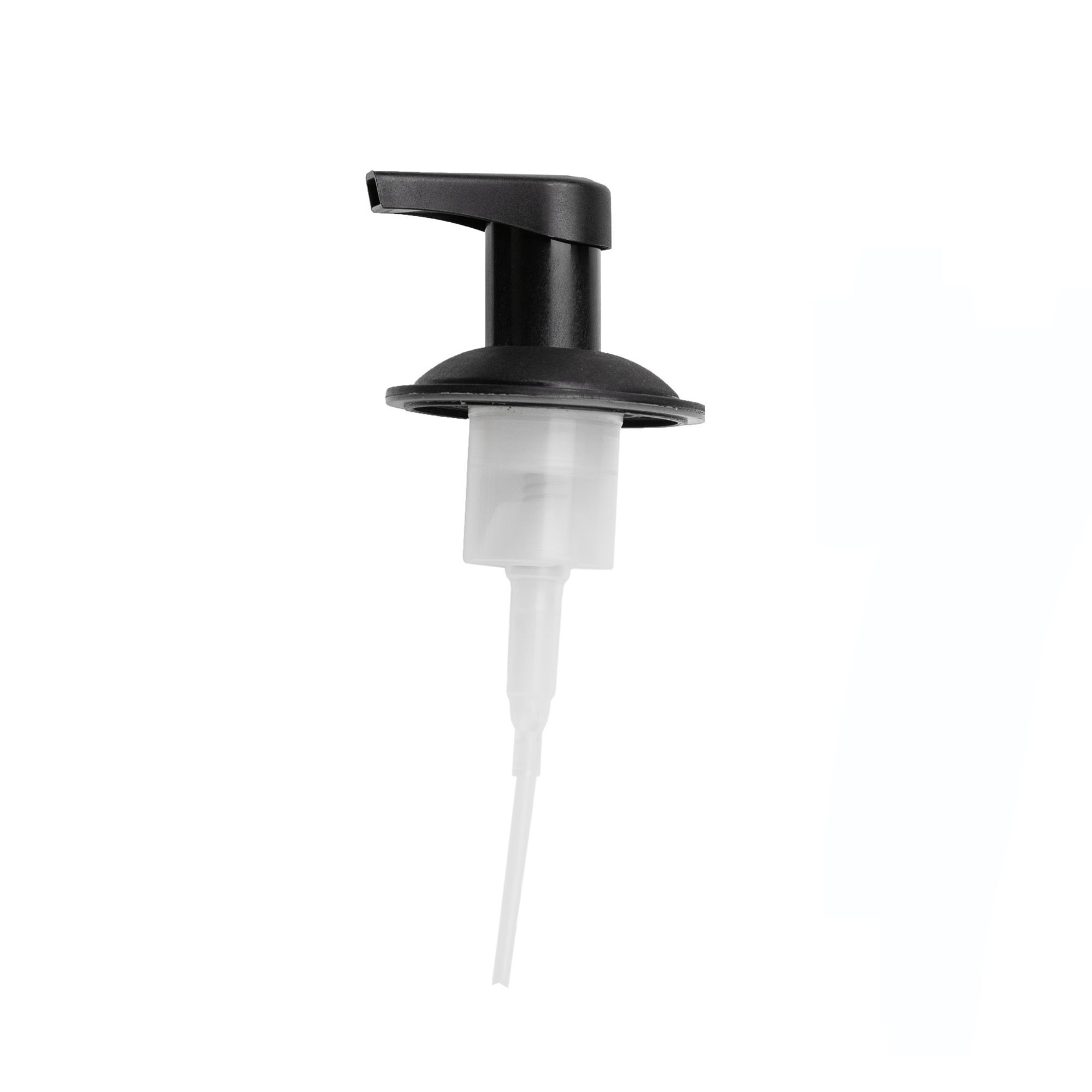 Black soap dispenser with clear pump on a white background