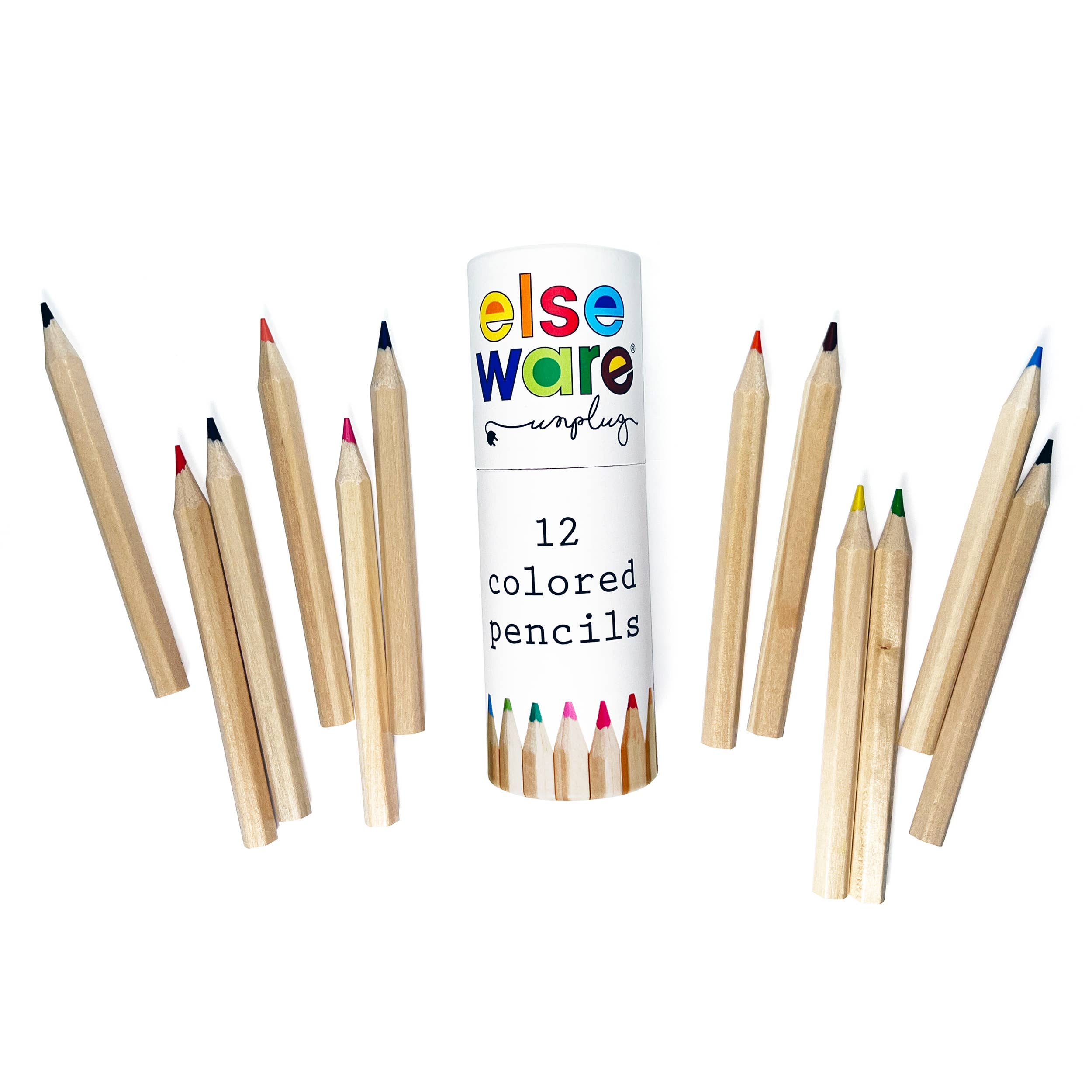 Set of colored pencils with a cylindrical container labeled 'else ware' on a white background