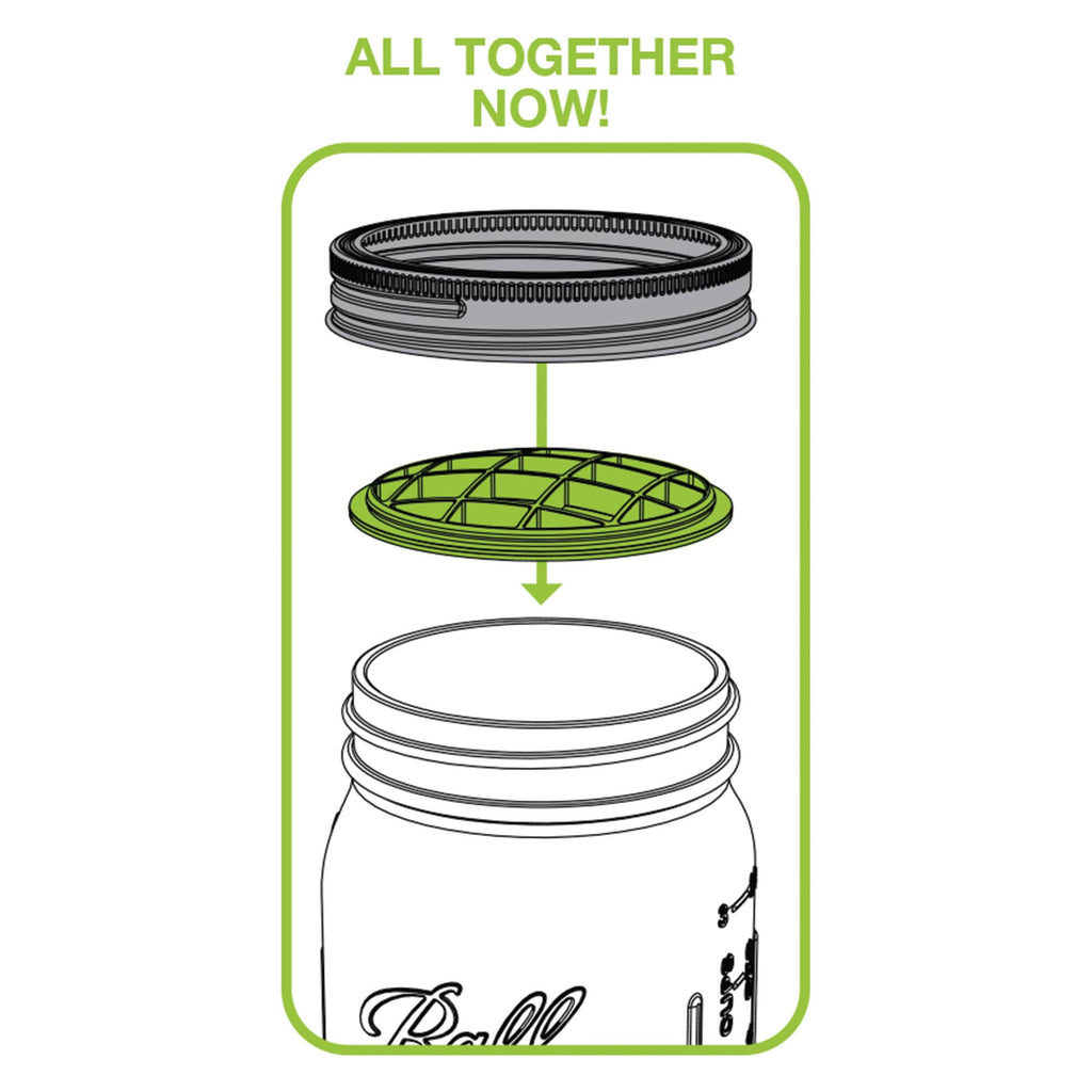 Ball jar lid assembly diagram with green and black components on a white background