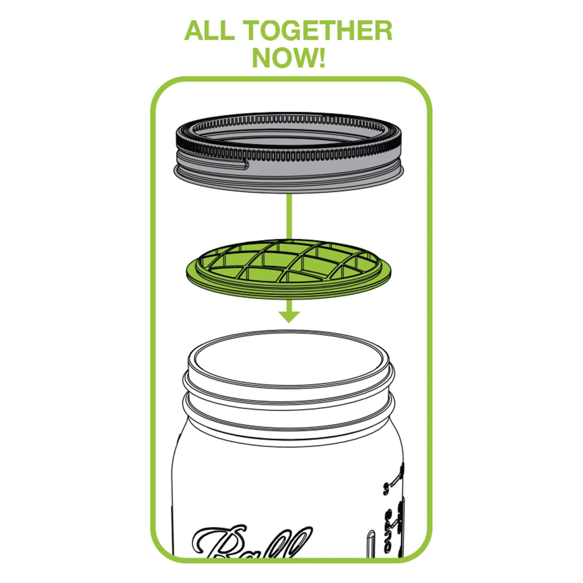 Ball jar lid assembly diagram with green and black components on a white background