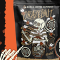 Coffee package with skeleton design and 'Bones Coffee Company' branding