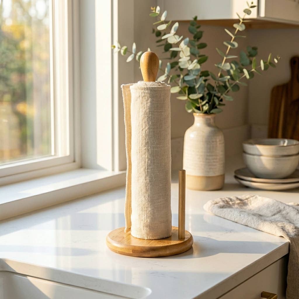 Paper towel holder on a kitchen counter with a vase and plants in the background