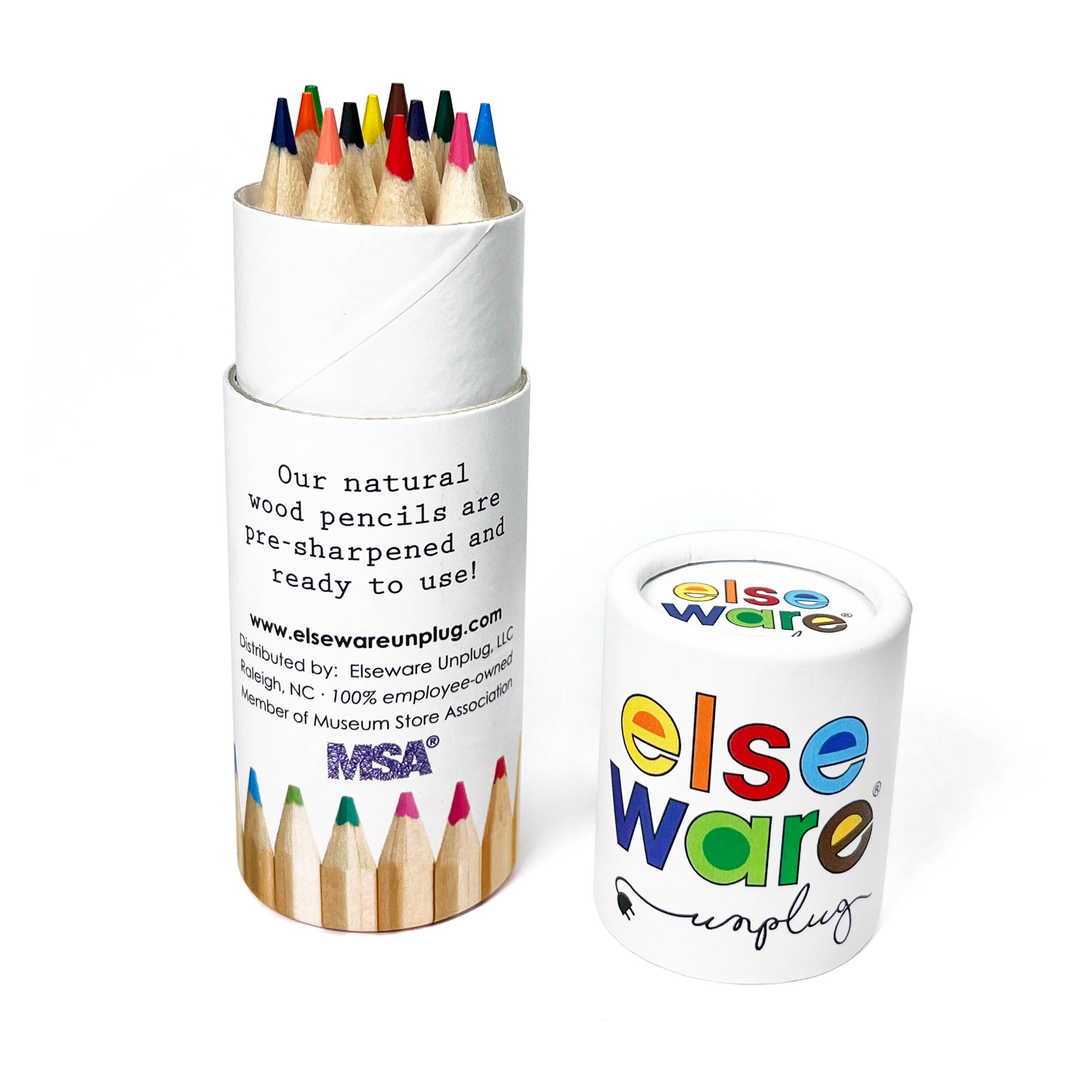 Set of colored pencils in a cylindrical holder with 'Elseware Unplug' branding on a white background.
