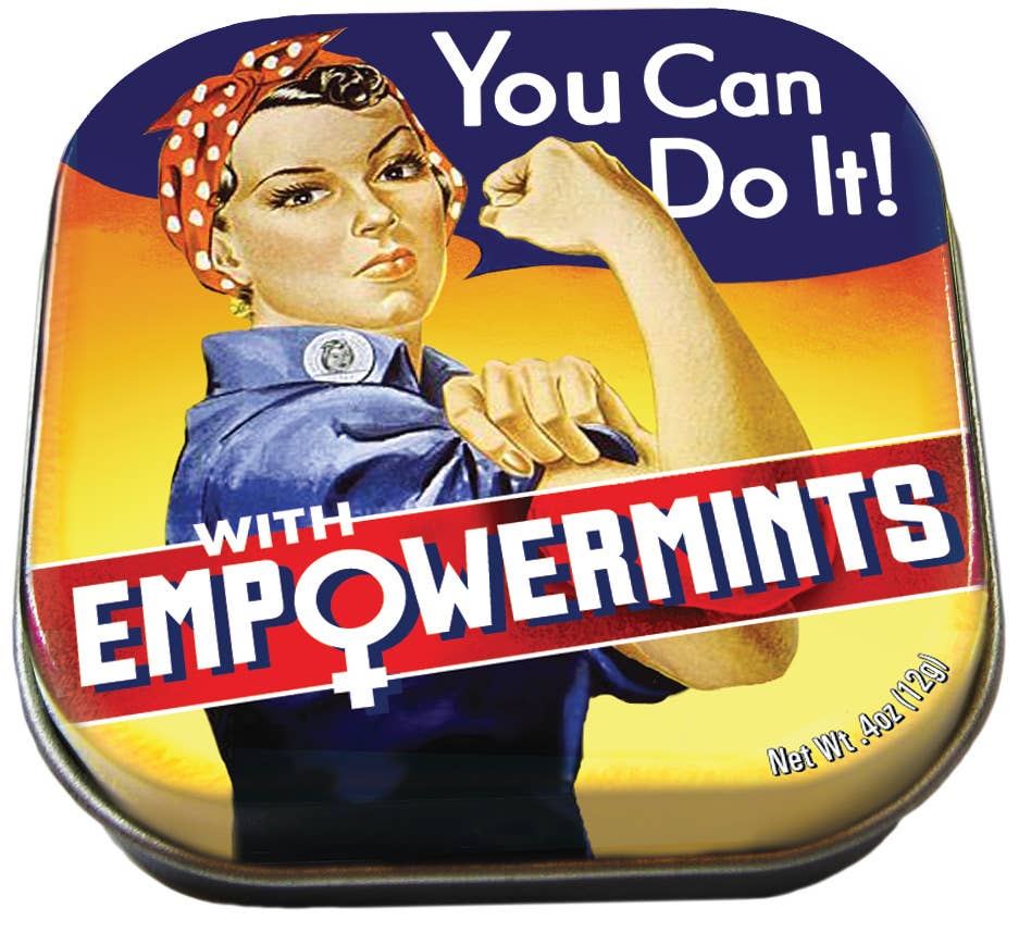 Tin with Rosie the Riveter design and 'You Can Do It! With Empowermints' text.