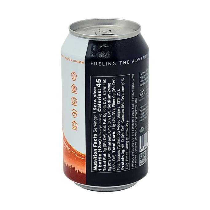 A single aluminum beverage can shown upright on a plain white studio background. The can is mostly black on the front label with white text, a silver pull tab, and a side panel in white and orange showing flavor imagery and nutrition facts.