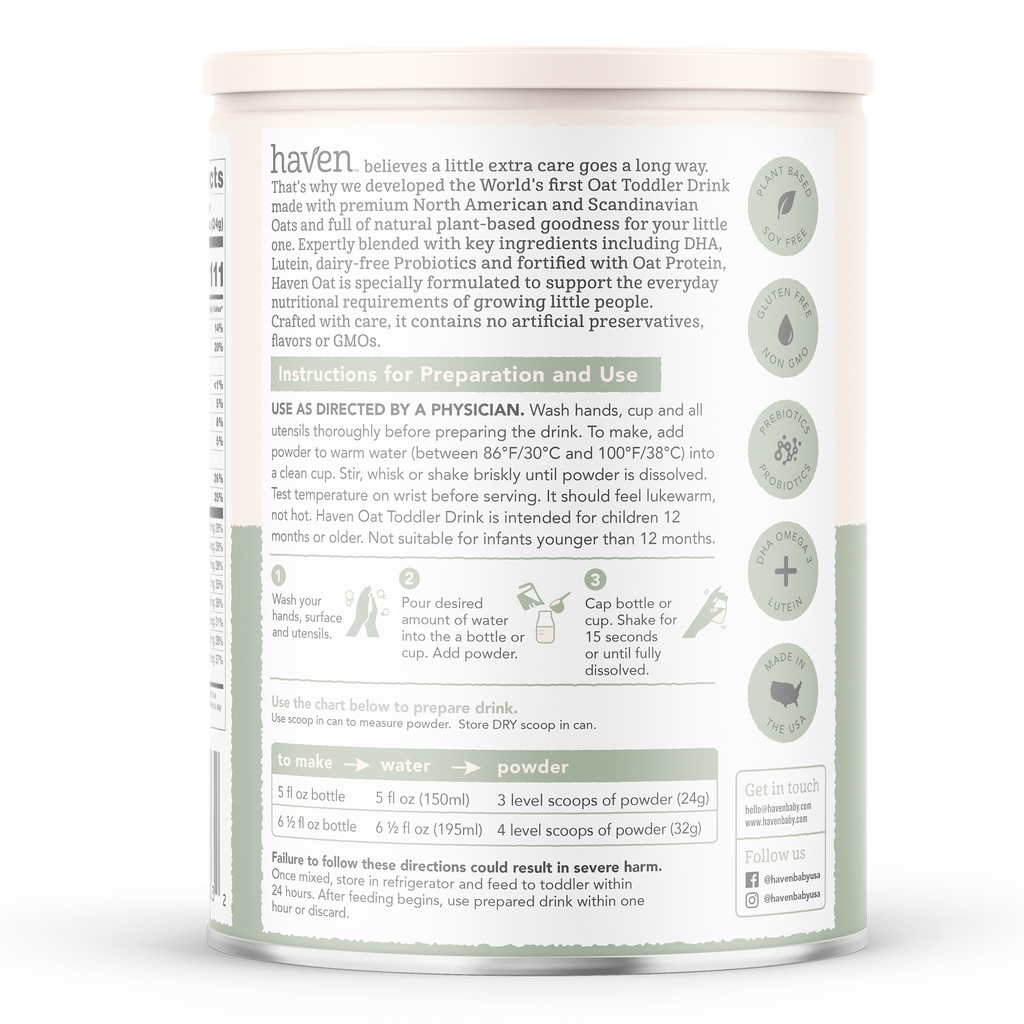 A white plastic canister of Haven Natural First Toddler Drink powder, showing the back label with text, preparation and use instructions, and preparation icons.