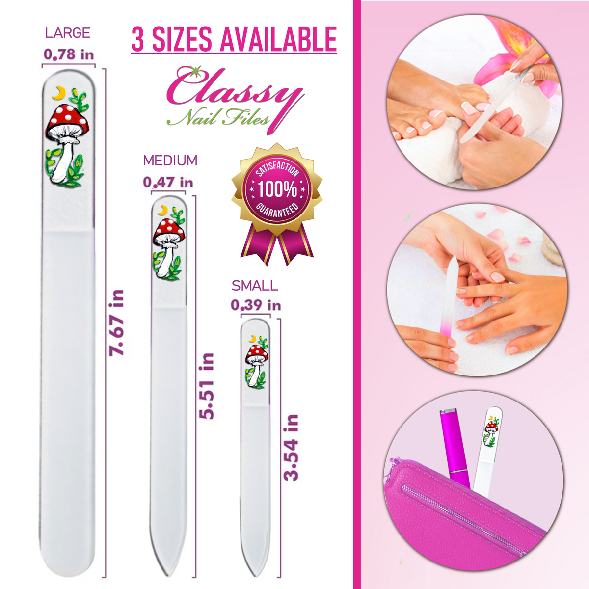 Classy nail files with size comparison and usage illustrations on a pink background