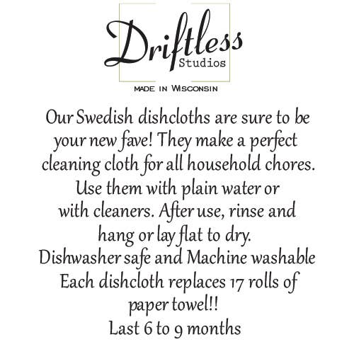 Advertisement for Swedish dishcloths by Driftless Studios with text about their use and benefits.
