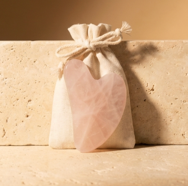 Heart-shaped pink stone in a beige drawstring bag on a beige surface