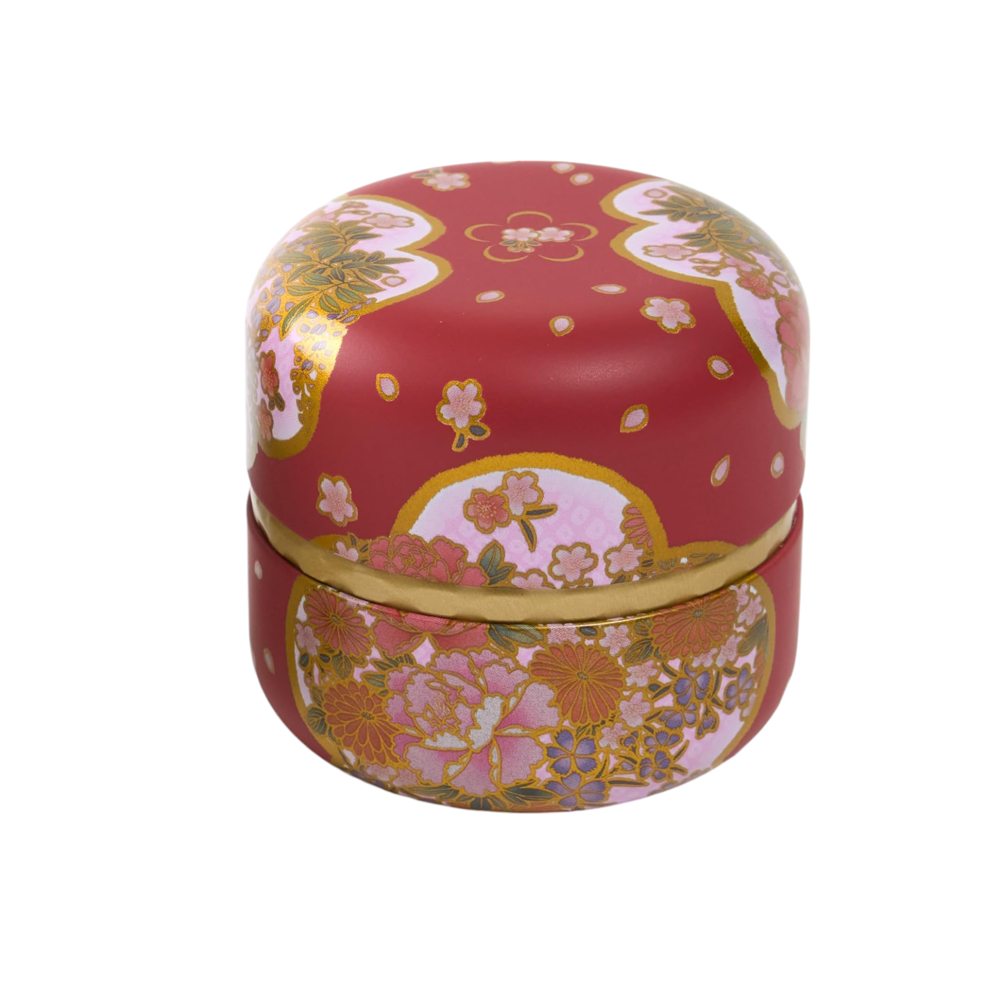 Decorative red tea tin with floral patterns on a white background