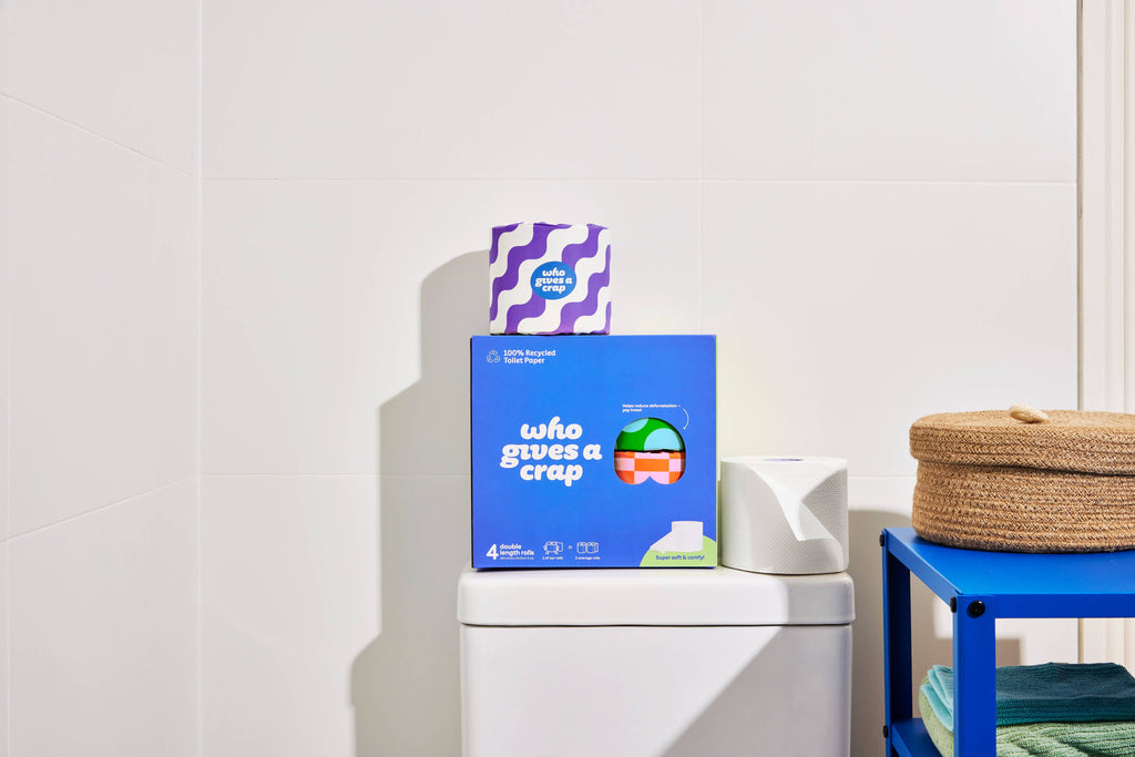 Who Gives a Crap toilet paper packaging on a white background