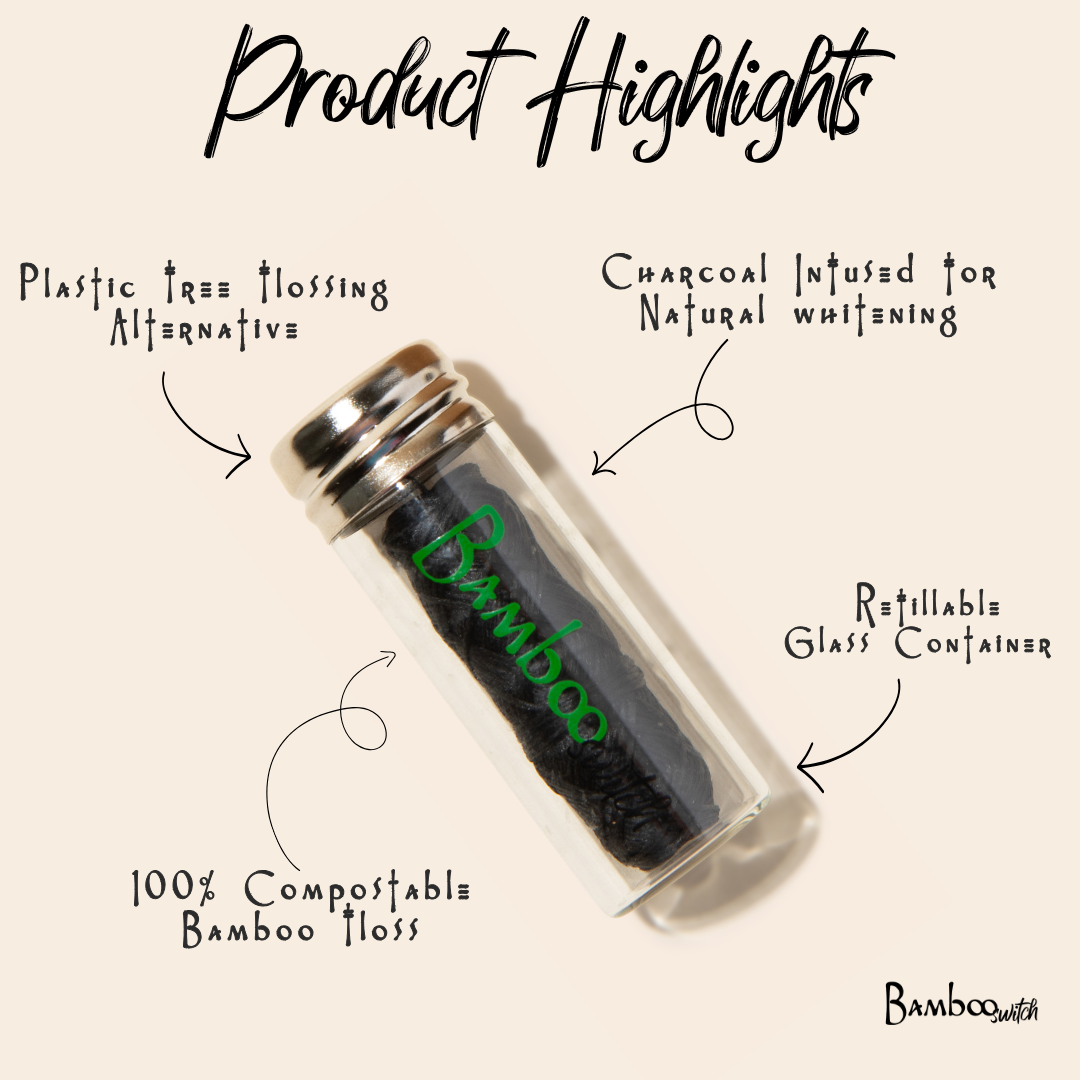 Bamboo floss packaging with product highlights on a beige background