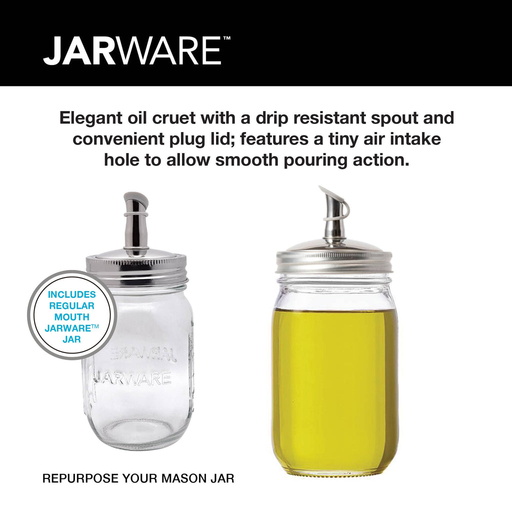 Jarware oil cruet with a drip-resistant spout and plug lid on a white background.