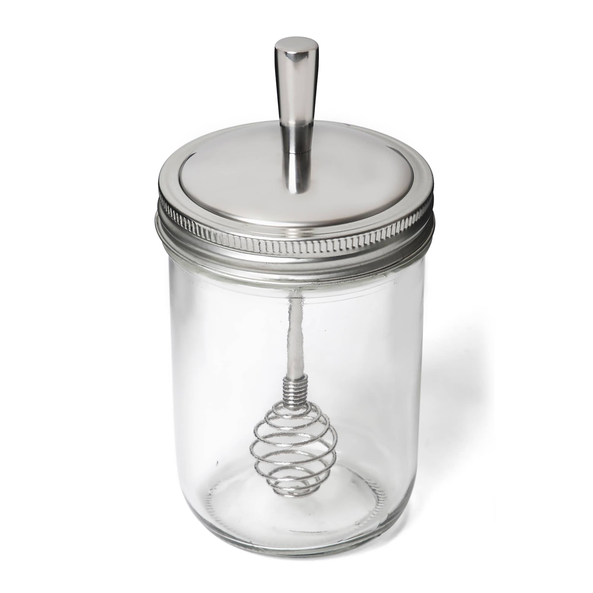 Clear glass jar with silver lid and handle on a white background