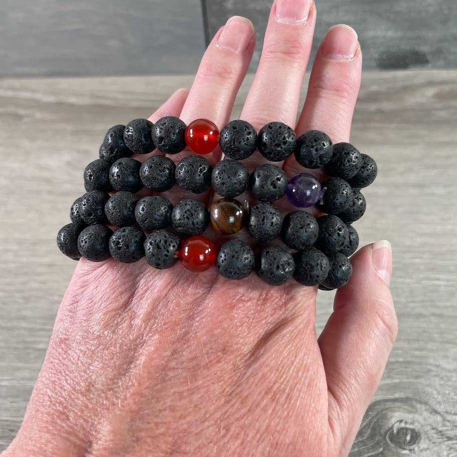 Lava Stone Bracelet with Assorted Gemstone Accent Bead, 10mm