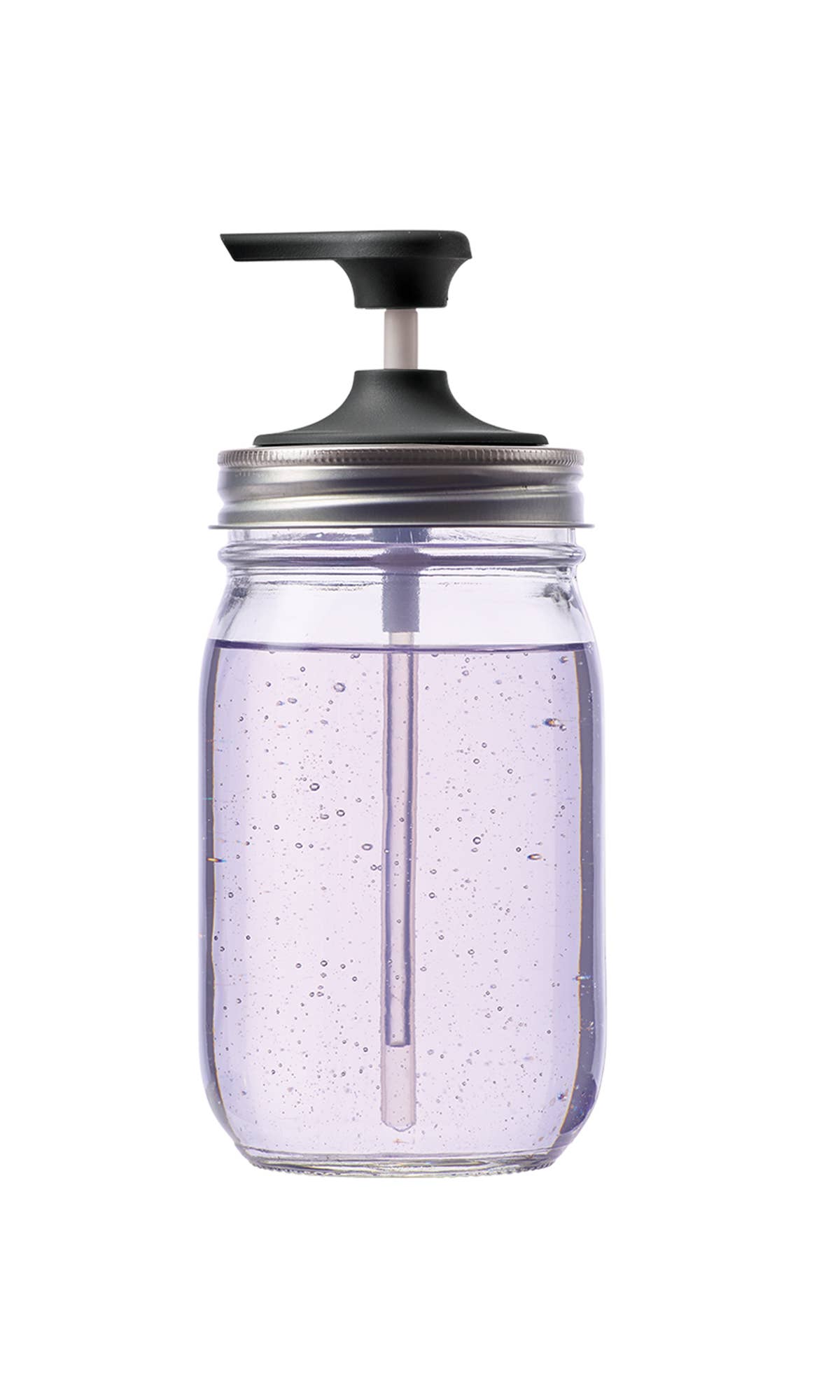 Clear mason jar with black lid and silver screw-on top on a white background