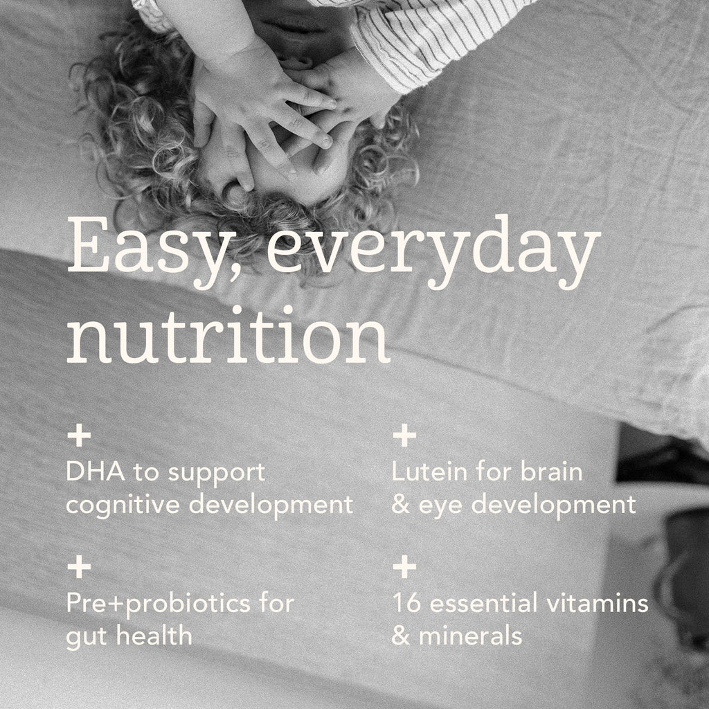 Black and white image of a child lying on a bed with text about easy everyday nutrition.