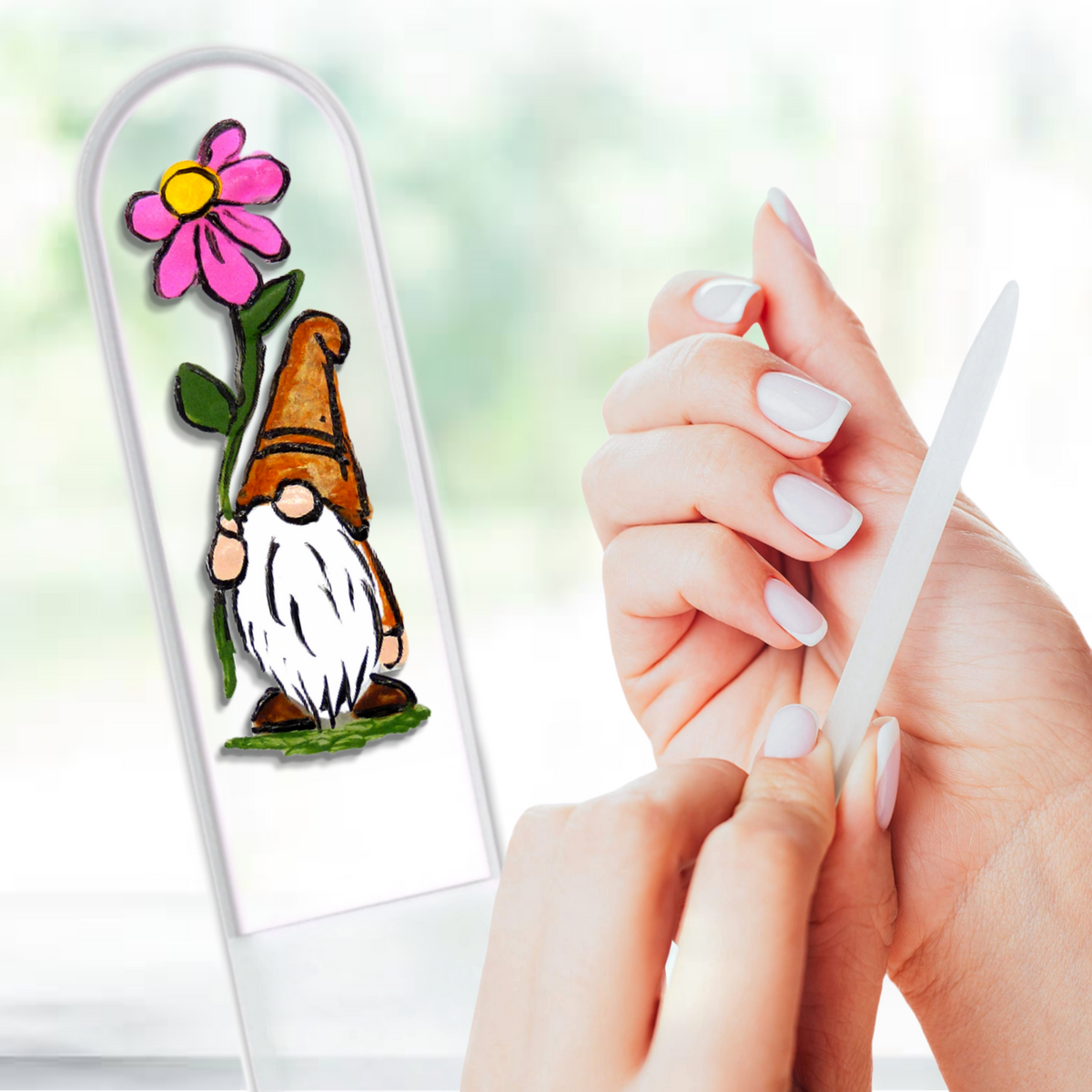 Hand holding a white phone with a transparent case featuring a gnome and flower design.