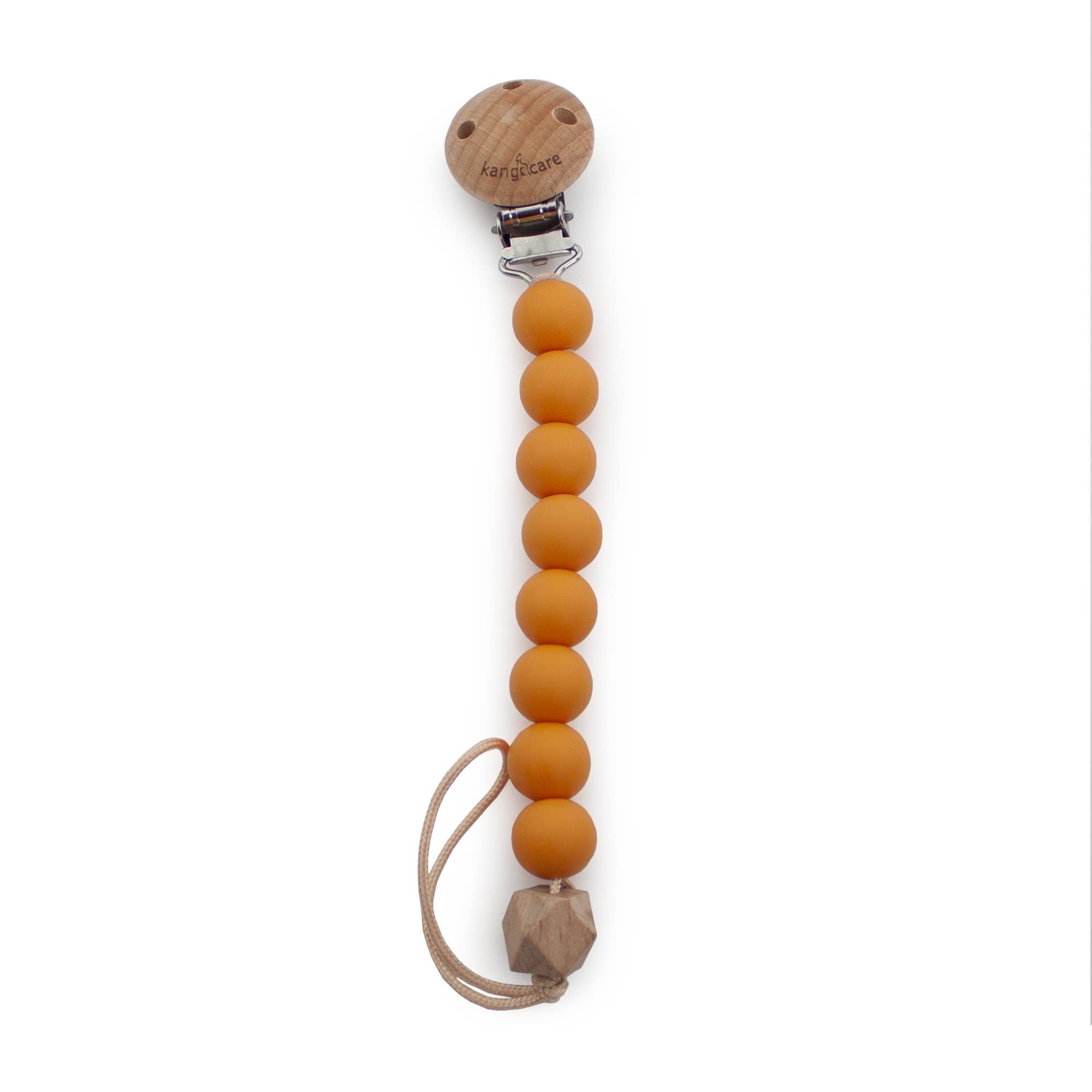 Orange silicone beaded pacifier clip with wooden accents on a white background