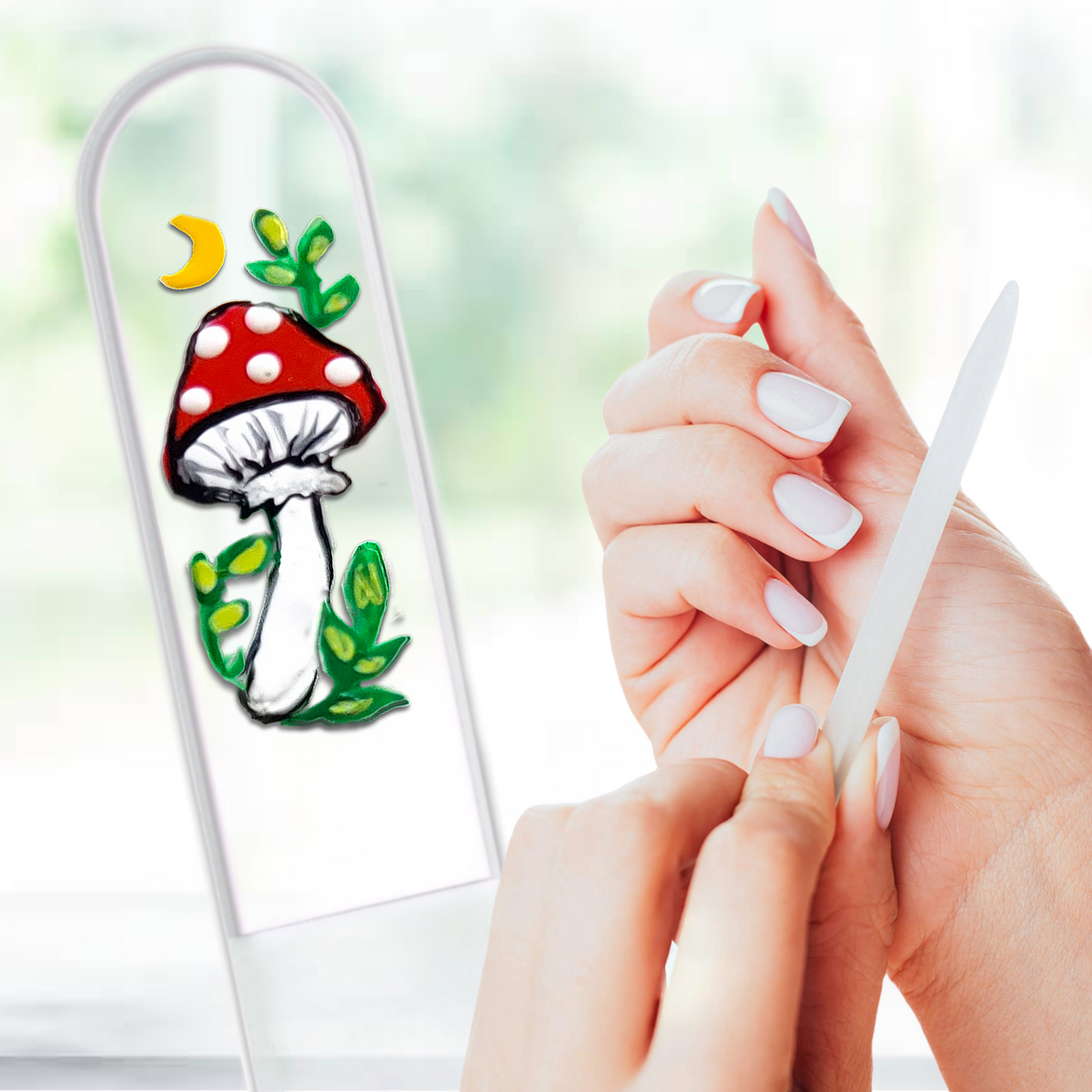 Hand holding a stylus near a clear acrylic block with a mushroom design.