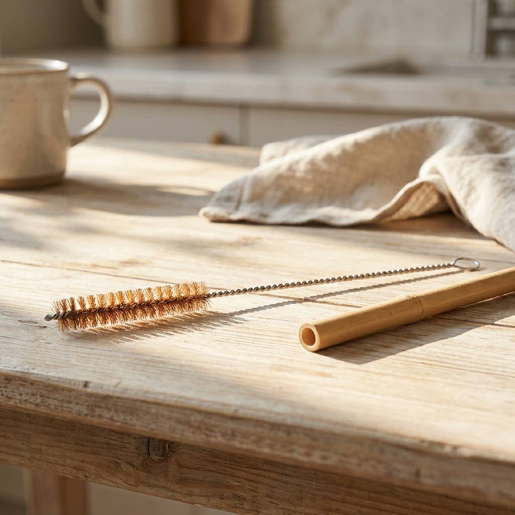 Bamboo straw and cleaning brush on a wooden surface with a cup and cloth in the background.
