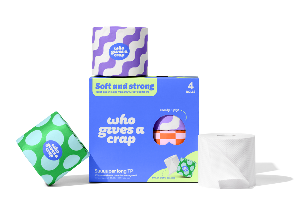 Who Gives a Crap toilet paper packaging with a white background