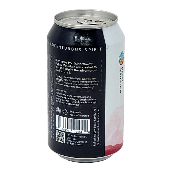 A 16 oz aluminum can of Happy Mountain Kombucha, showing the back label with product details, ingredients, and a barcode. The can features a black, white, and pink/red watercolor design.
