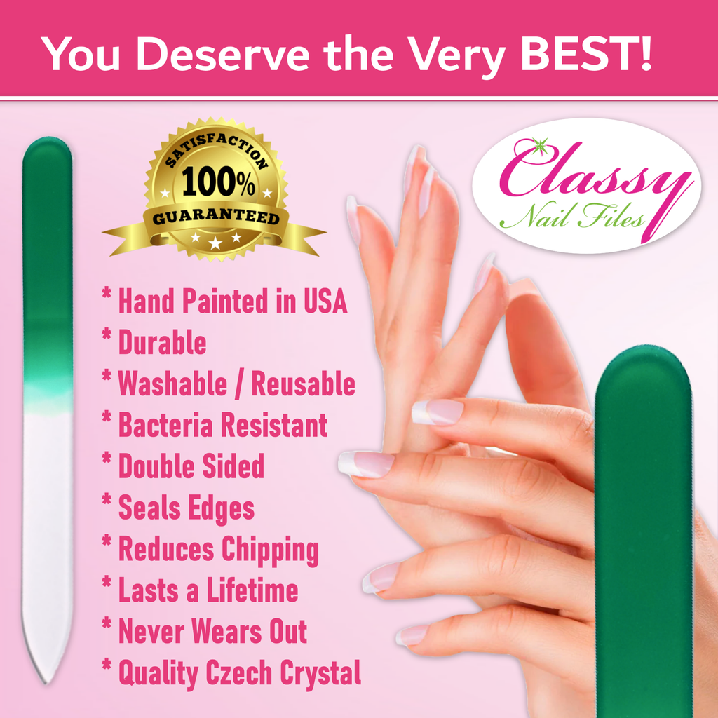 Advertisement for Classy Nail Files with a hand holding a nail file, pink background, and product features listed.