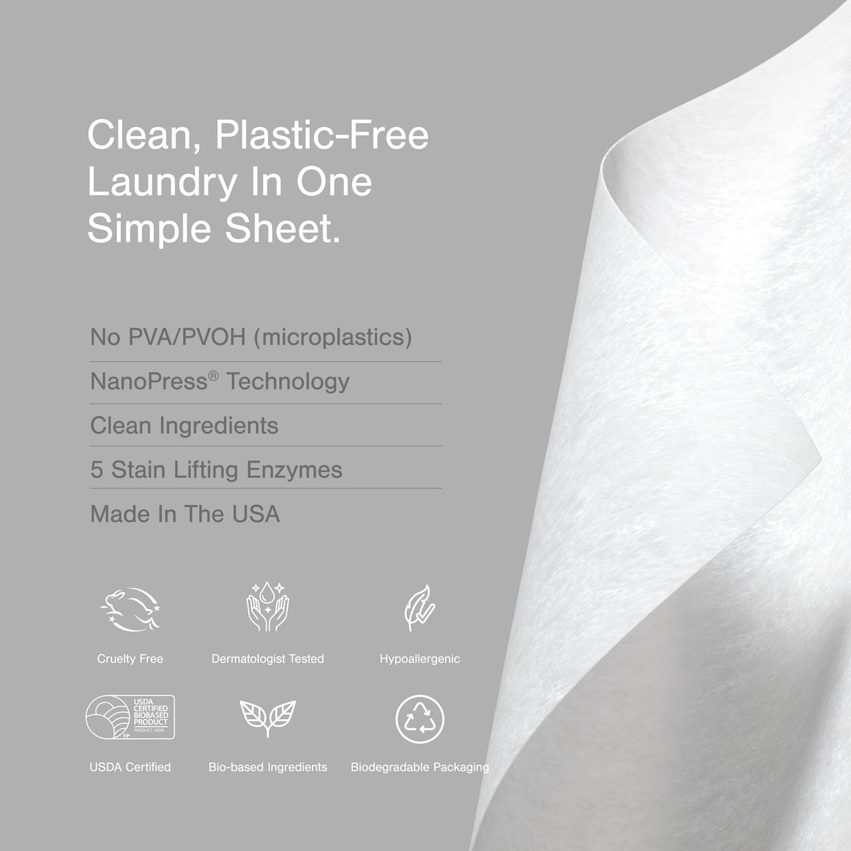 Sheet of laundry detergent with text and icons on a gray background