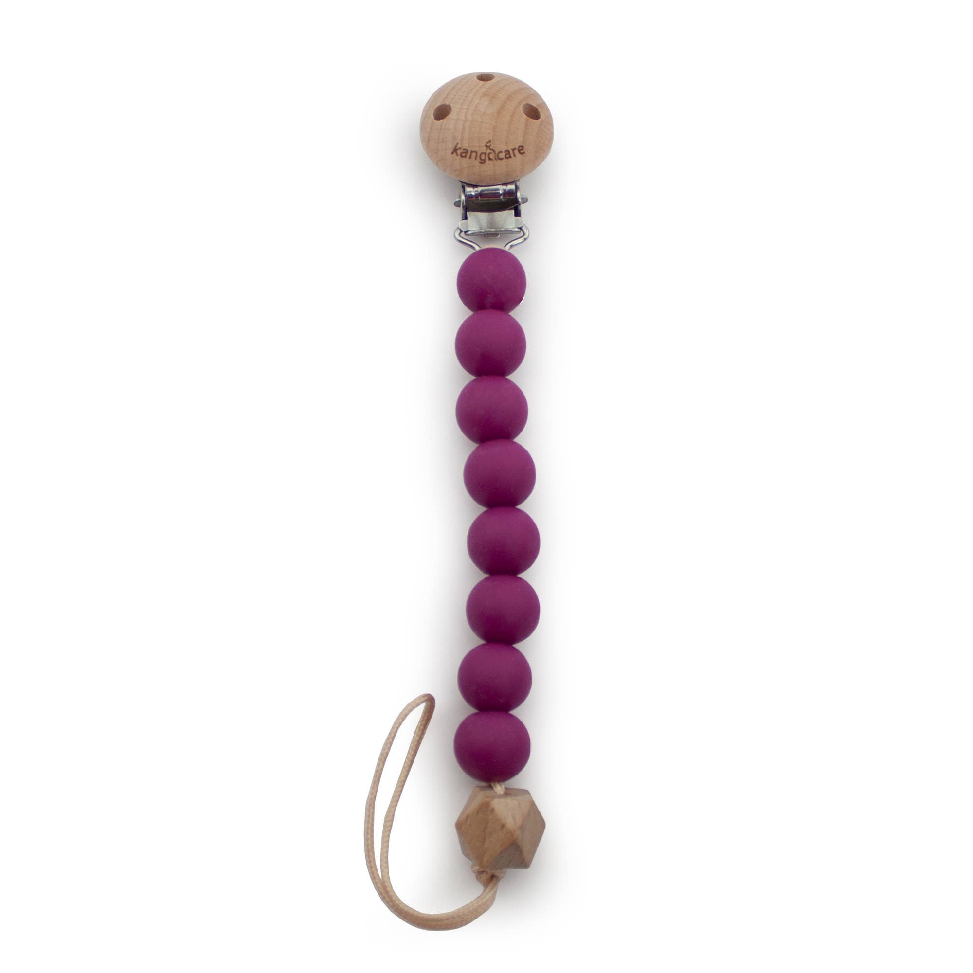 Purple silicone beaded pacifier clip with wooden ends on a white background