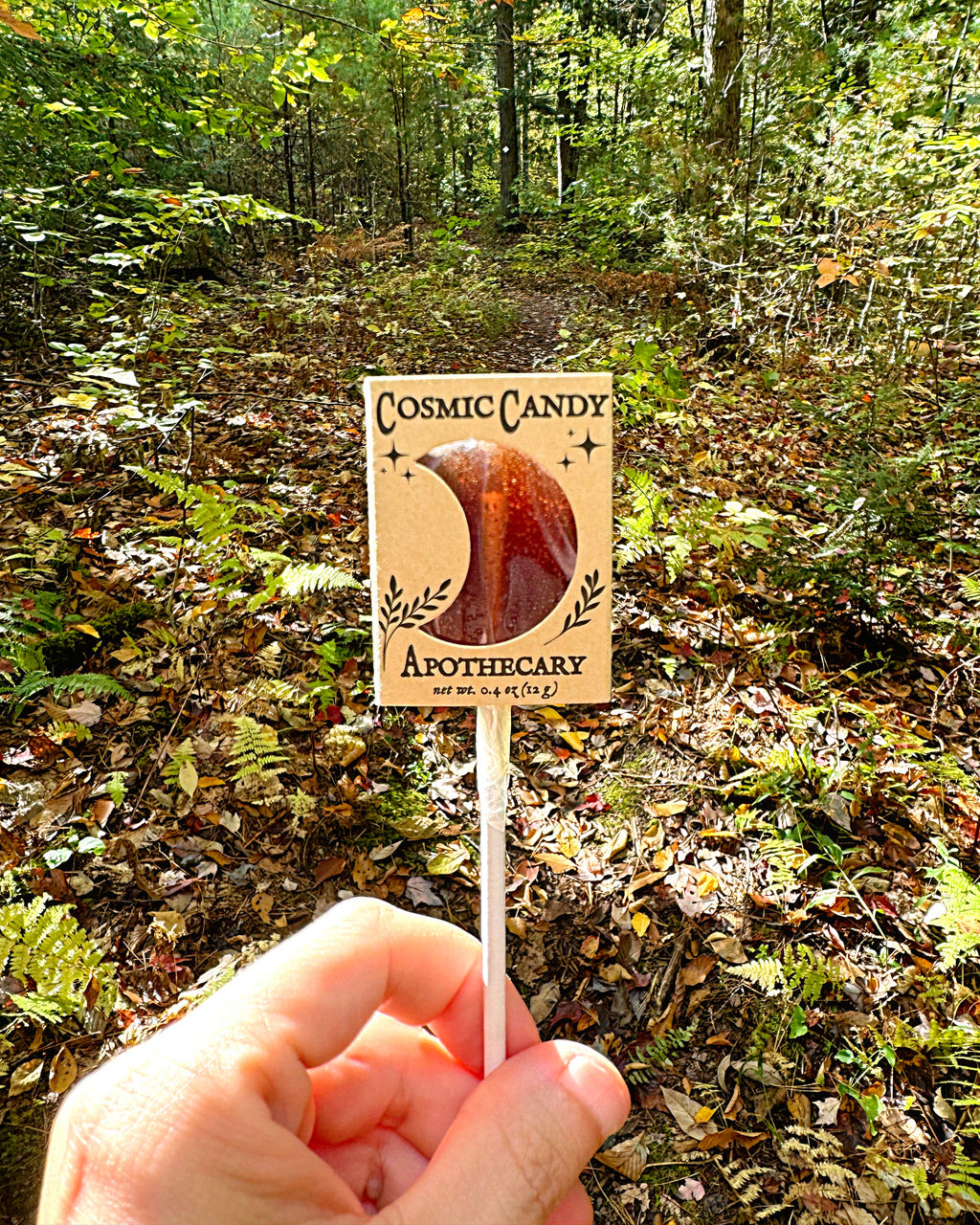Hand holding a sign for 'Cosmic Candy Apothecary' against a forest background