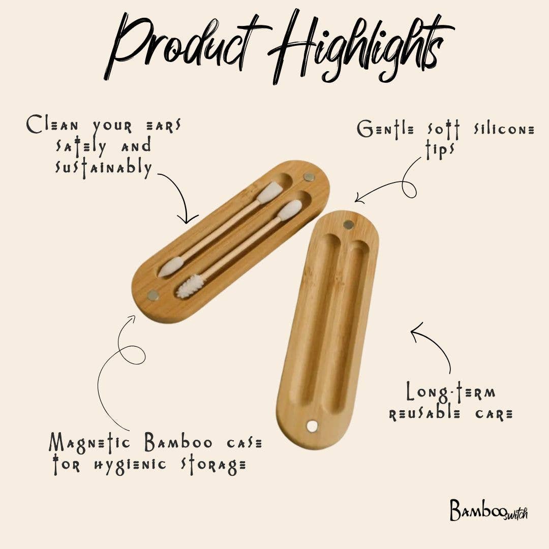 Wooden ear cleaning tool set with bamboo case on a beige background, featuring text about product highlights.