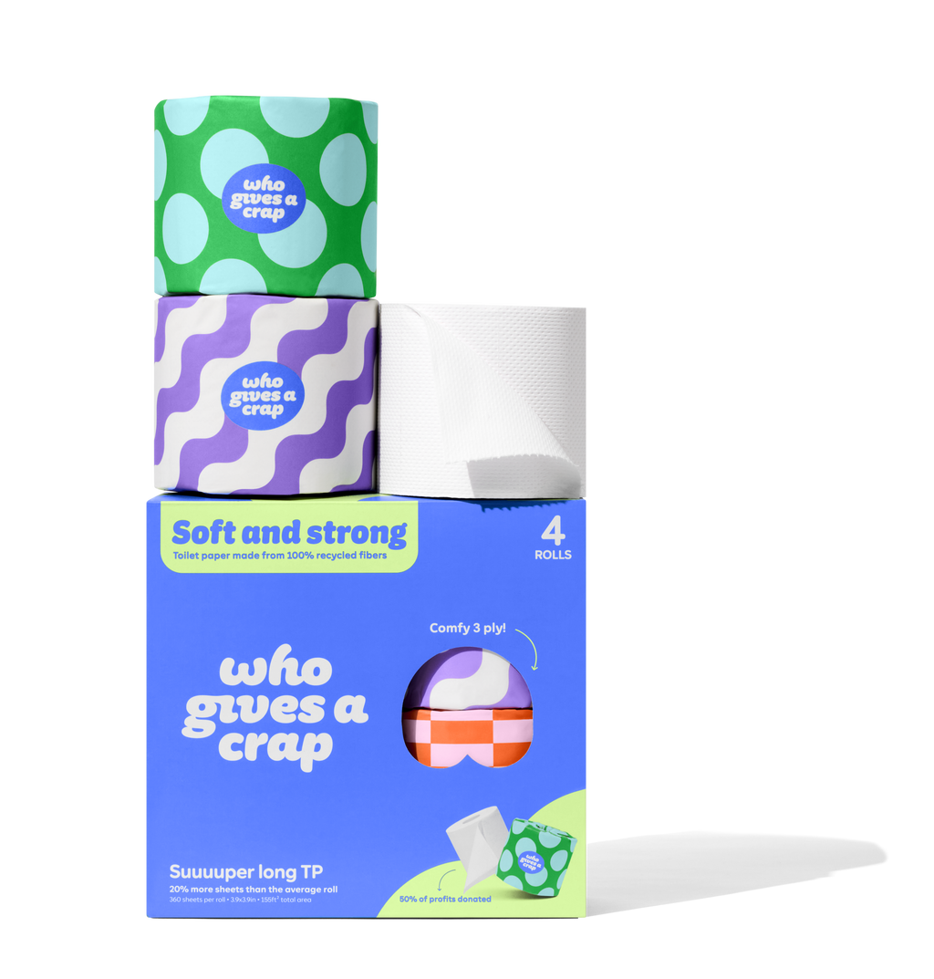 Who Gives a Crap toilet paper with colorful packaging on a white background
