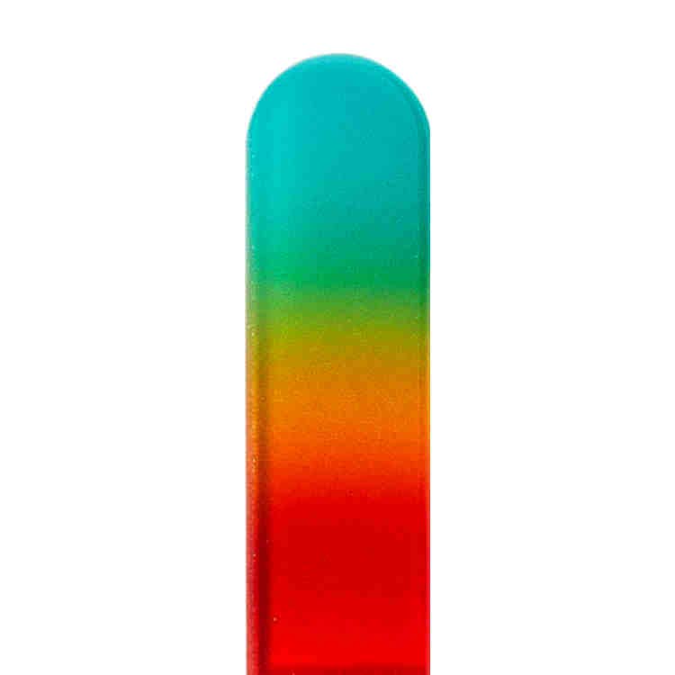 Gradient glass nail file from green to red on a white background
