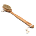 Bare skin body brush with wooden handle and natural bristles on a white background
