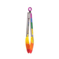 Colorful kitchen tongs with silicone handles on a white background