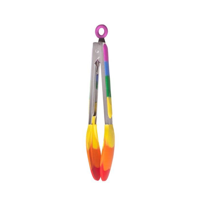 Colorful kitchen tongs with silicone handles on a white background