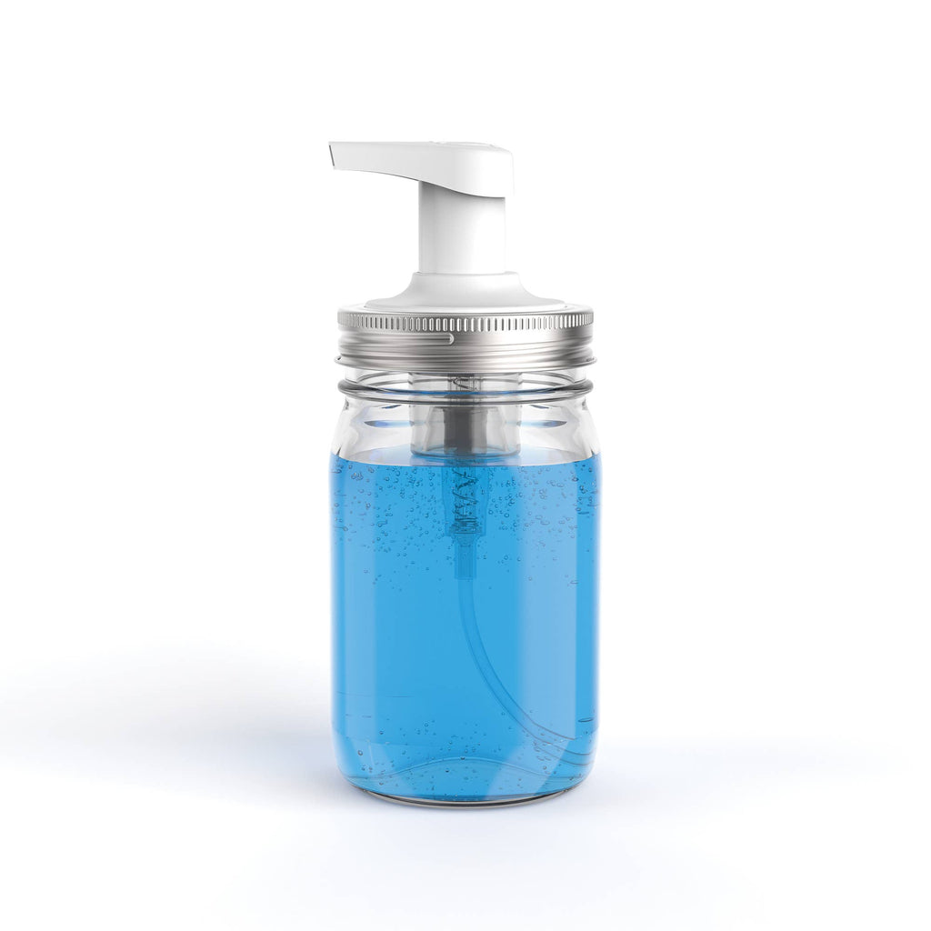 Clear container with blue liquid and a white pump on a white background