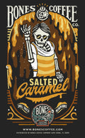 Bones Coffee Co. Salted Caramel coffee packaging with skeleton design on a black background.